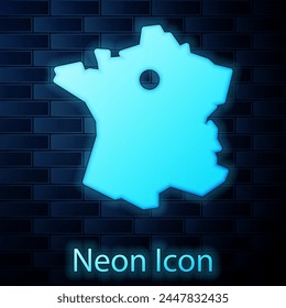 Glowing neon Map of France icon isolated on brick wall background.  Vector