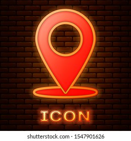 Glowing neon Map pin icon isolated on brick wall background. Navigation, pointer, location, map, gps, direction, place, compass, contact, search concept.  Vector Illustration