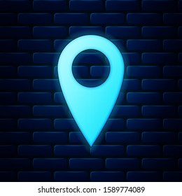 Glowing neon Map pin icon isolated on brick wall background. Pointer symbol. Location sign. Navigation map, gps, direction, place, compass, contact, search concept.  Vector Illustration