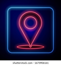 Glowing neon Map pin icon isolated on blue background. Navigation, pointer, location, map, gps, direction, place, compass, search concept.  Vector Illustration