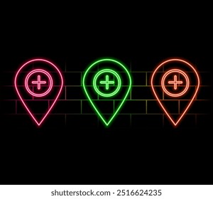 Leuchtendes Neon-Kartensymbol einzeln auf Ziegelsteinwand-Hintergrund. Navigation, Zeiger, Standort, Karte, GPS, Richtung, Ort, Kompass, Kontakt, Suchkonzept. Vektorgrafik.