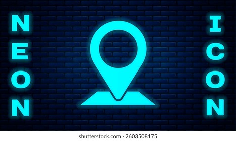 Glowing neon Map pin icon isolated on brick wall background. Navigation, pointer, location, map, gps, direction, place, compass, search concept.  Vector Illustration