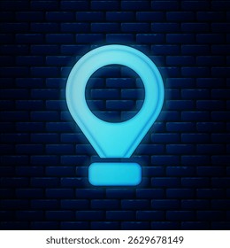 Glowing neon Map pin icon isolated on brick wall background. Navigation, pointer, location, map, gps, direction, place, compass, search concept.  Vector