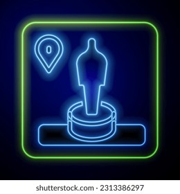 Glowing neon Map pin and monument icon isolated on blue background. Navigation, pointer, location, map, gps, direction, place, compass, search concept.  Vector