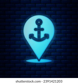 Glowing neon Map pointer with anchor icon isolated on brick wall background.  Vector