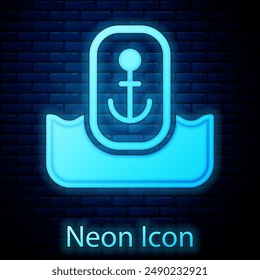 Glowing neon Map pointer with anchor icon isolated on brick wall background.  Vector