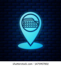 Glowing neon Map pointer with Coliseum in Rome, Italy icon isolated on brick wall background. Colosseum sign. Symbol of Ancient Rome, gladiator fights.  Vector Illustration