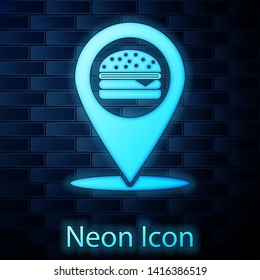 Glowing neon Map pointer with fast food burger icon isolated on brick wall background. Vector Illustration