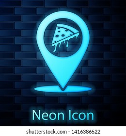 Glowing neon Map pointer with fast food slice pizza icon isolated on brick wall background. Pizzeria location icon. Pizza cafe and restaurant marker. Vector Illustration