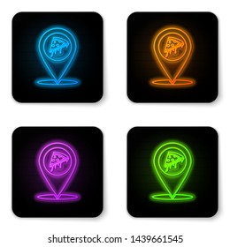 Glowing neon Map pointer with fast food slice pizza icon isolated on white background. Pizzeria location icon. Pizza cafe and restaurant marker. Black square button. Vector Illustration
