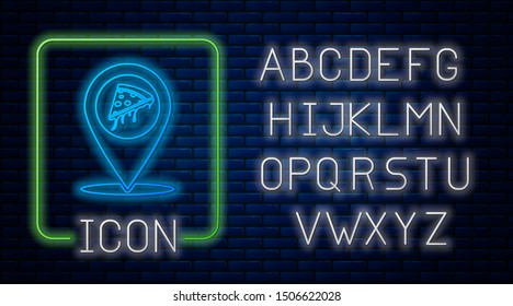 Glowing neon Map pointer with fast food slice pizza icon isolated on brick wall background. Pizzeria location icon. Pizza cafe and restaurant marker. Neon light alphabet. Vector Illustration