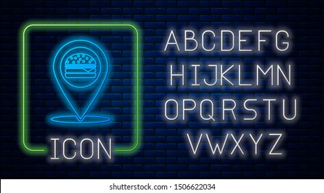 Glowing neon Map pointer with fast food burger icon isolated on brick wall background. Neon light alphabet. Vector Illustration