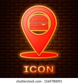 Glowing neon Map pointer with fast food burger icon isolated on brick wall background.  Vector Illustration