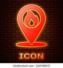 Glowing neon Map pointer with fire flame icon isolated on brick wall background. Fire nearby.  Vector Illustration