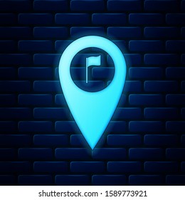 Glowing neon Map pointer with golf flag icon isolated on brick wall background. Location marker symbol.  Vector Illustration