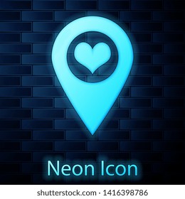 Glowing neon Map pointer with heart icon isolated on brick wall background.  Vector Illustration