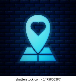 Glowing neon Map pointer with heart icon isolated on brick wall background. Valentines day. Love location. Romantic map pin.  Vector Illustration