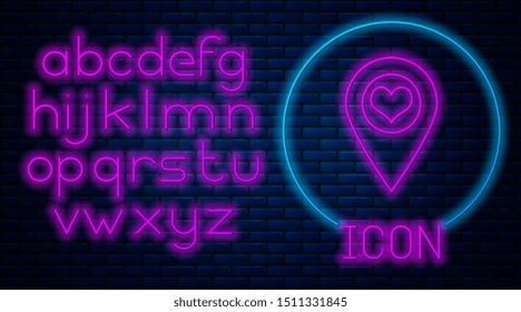 Glowing neon Map pointer with heart icon isolated on brick wall background. Neon light alphabet. Vector Illustration