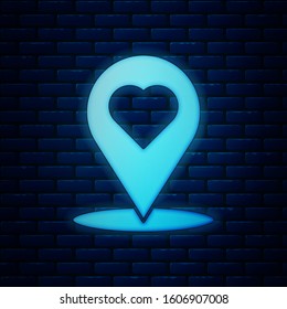 Glowing neon Map pointer with heart icon isolated on brick wall background. Valentines day. Love location. Romantic map pin.  Vector Illustration