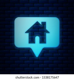 Glowing neon Map pointer with house icon isolated on brick wall background. Home location marker symbol.  Vector Illustration