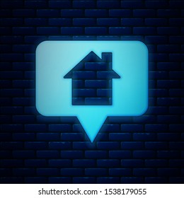 Glowing neon Map pointer with house icon isolated on brick wall background. Home location marker symbol.  Vector Illustration