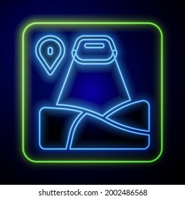 Glowing neon Map pointer with mountain icon isolated on blue background. Mountains travel icon.  Vector