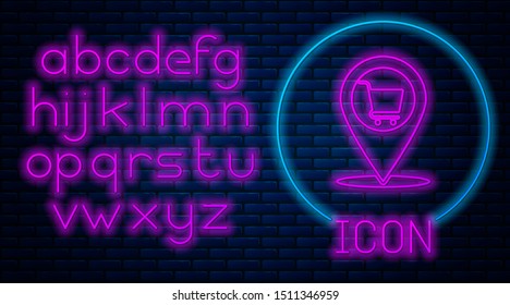 Glowing neon Map pointer with shopping cart icon isolated on brick wall background. Pin point shop and shopping. Supermarket basket symbol. Neon light alphabet. Vector Illustration