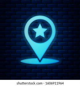 Glowing neon Map pointer with star icon isolated on brick wall background. Star favorite pin map icon. Map markers.  Vector Illustration