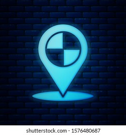 Glowing neon Map pointer with taxi icon isolated on brick wall background. Location symbol.  Vector Illustration