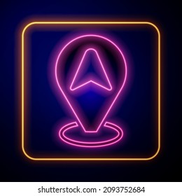 Glühender Neon Map Zeiger mit Taxi Auto Symbol einzeln auf schwarzem Hintergrund. Ortszeichen.  Vektorgrafik