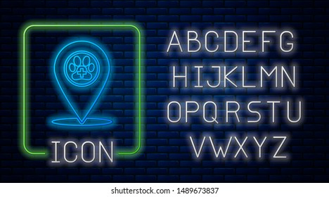 Glowing neon Map pointer with veterinary medicine hospital, clinic or pet shop for animals icon isolated on brick wall background. Vet or veterinarian clinic. Neon light alphabet. Vector Illustration