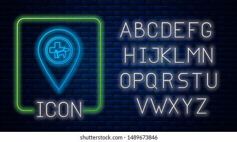 Glowing neon Map pointer with veterinary medicine hospital, clinic or pet shop for animals icon isolated on brick wall background. Vet or veterinarian clinic. Neon light alphabet. Vector Illustration