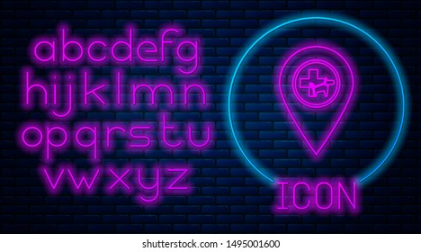 Glowing neon Map pointer with veterinary medicine hospital, clinic or pet shop for animals icon isolated on brick wall background. Vet or veterinarian clinic. Neon light alphabet. Vector Illustration