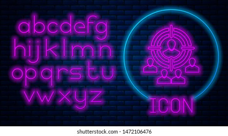 Glowing neon Marketing target strategy concept icon isolated on brick wall background. Aim with people sign. Neon light alphabet. Vector Illustration