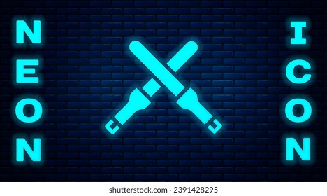 Glowing neon Marshalling wands for the aircraft icon isolated on brick wall background. Marshaller communicated with pilot before and after flight.  Vector