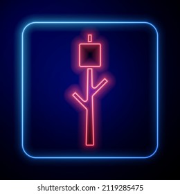 Glowing neon Marshmallow on stick icon isolated on blue background.  Vector