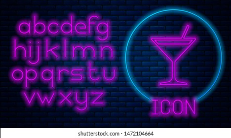 Glowing neon Martini glass icon isolated on brick wall background. Cocktail icon. Wine glass icon. Neon light alphabet. Vector Illustration