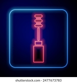 Glowing neon Mascara brush icon isolated on blue background.  Vector