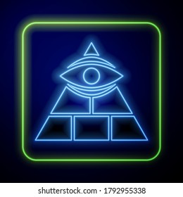 Glowing neon Masons symbol All-seeing eye of God icon isolated on blue background. The eye of Providence in the triangle.  Vector Illustration