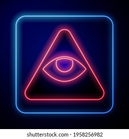 Glowing neon Masons symbol All-seeing eye of God icon isolated on blue background. The eye of Providence in the triangle.  Vector