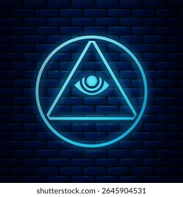 Símbolo luminoso neon Masons Olho de Deus isolado no fundo da parede de tijolos. O olho da Providência no triângulo.  Ilustração de vetor