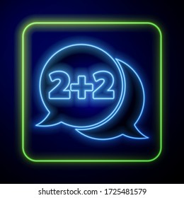 Glowing neon Math system of equation solution on speech bubble icon isolated on blue background.  Vector Illustration