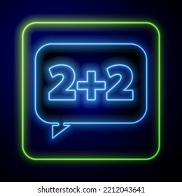 Glowing neon Math system of equation solution on speech bubble icon isolated on blue background.  Vector Illustration