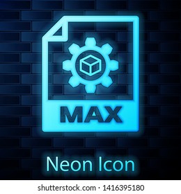 Glowing neon MAX file document icon. Download max button icon isolated on brick wall background. MAX file symbol. Vector Illustration