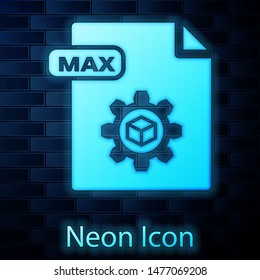 Glowing neon MAX file document. Download max button icon isolated on brick wall background. MAX file symbol.  Vector Illustration