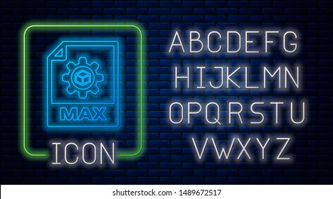 Glowing neon MAX file document. Download max button icon isolated on brick wall background. MAX file symbol. Neon light alphabet. Vector Illustration