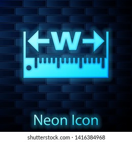 Glowing neon The measuring height and length icon isolated on brick wall background. Ruler, straightedge, scale symbol.  Vector Illustration