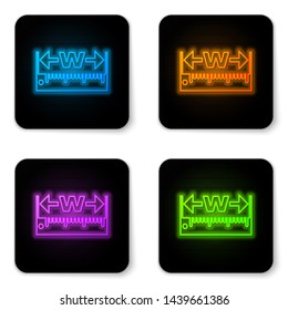 Glowing neon The measuring height and length icon isolated on white background. Ruler, straightedge, scale symbol. Black square button. Vector Illustration