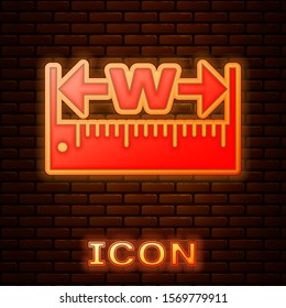 Glowing neon The measuring height and length icon isolated on brick wall background. Ruler, straightedge, scale symbol.  Vector Illustration