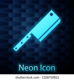 Glowing neon Meat chopper icon isolated on brick wall background. Kitchen knife for meat. Butcher knife. Vector Illustration